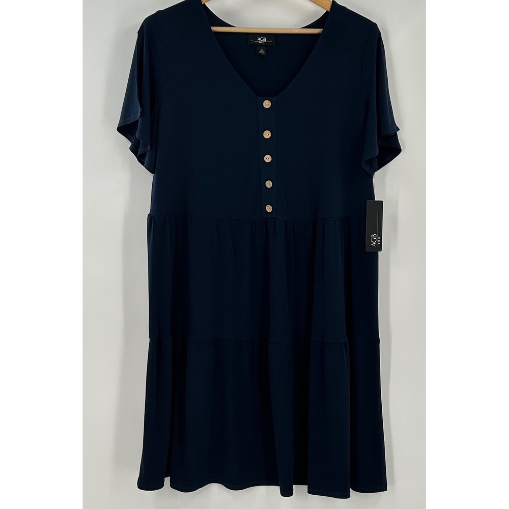 AGB Dress Womens 1X Navy Blue Tiered Babydoll V-Neck Flutter Sleeve 3054924 NEW